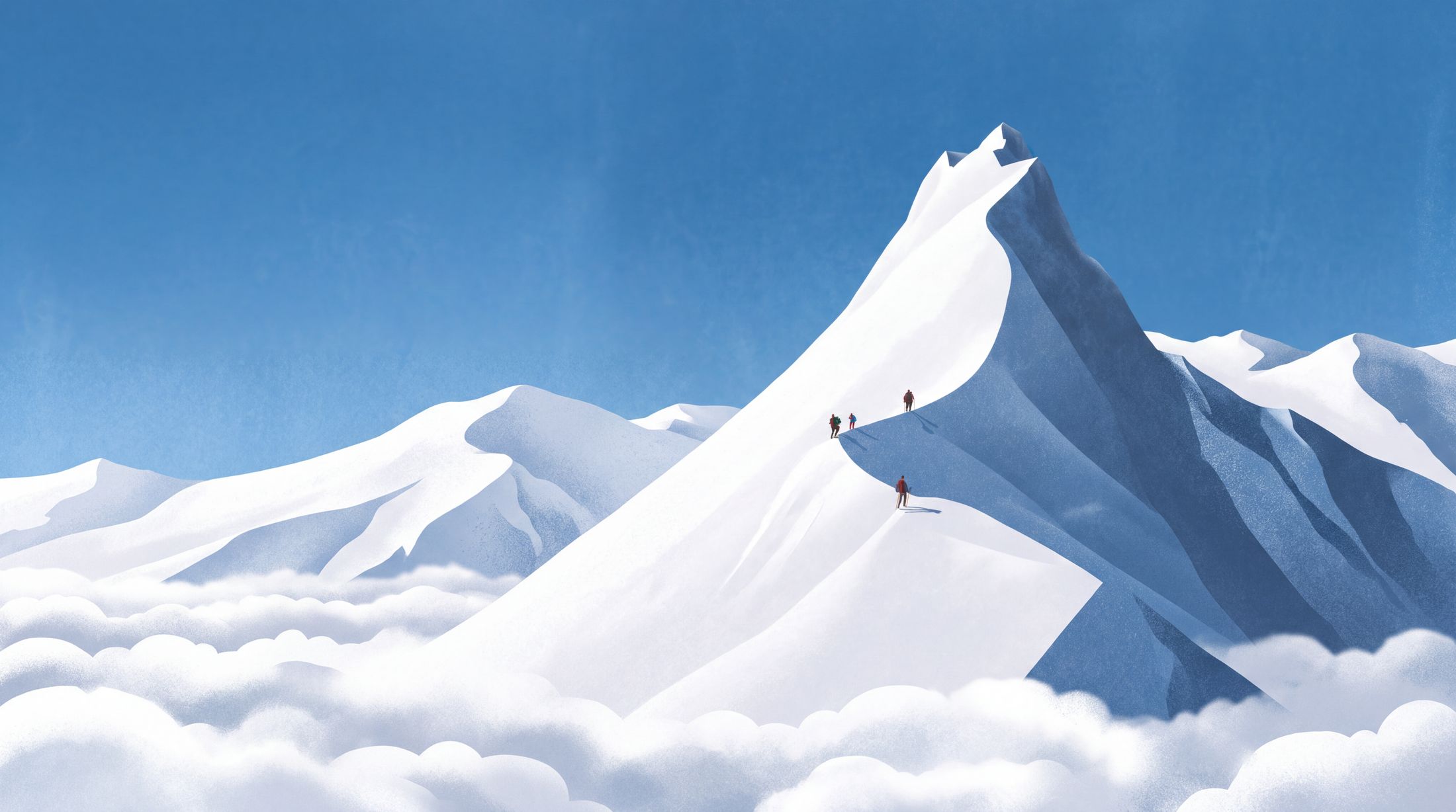 Climbers on the last stretch toward a snow-covered peak above the clouds